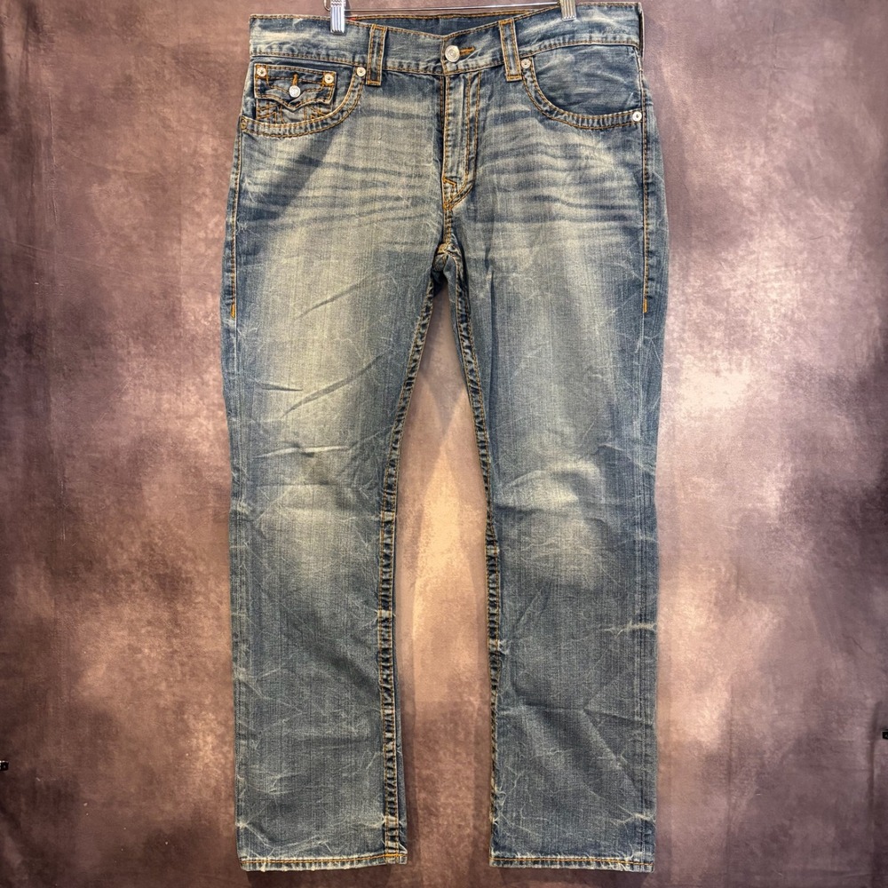 Vintage Y2K True Religion Straight Flap Men Size 36 Jeans Big T Thick Stitch